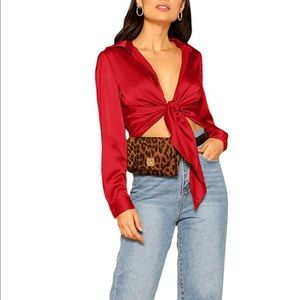 SHEIN Long Sleeve Self Tie Satin Crop Top Blouse